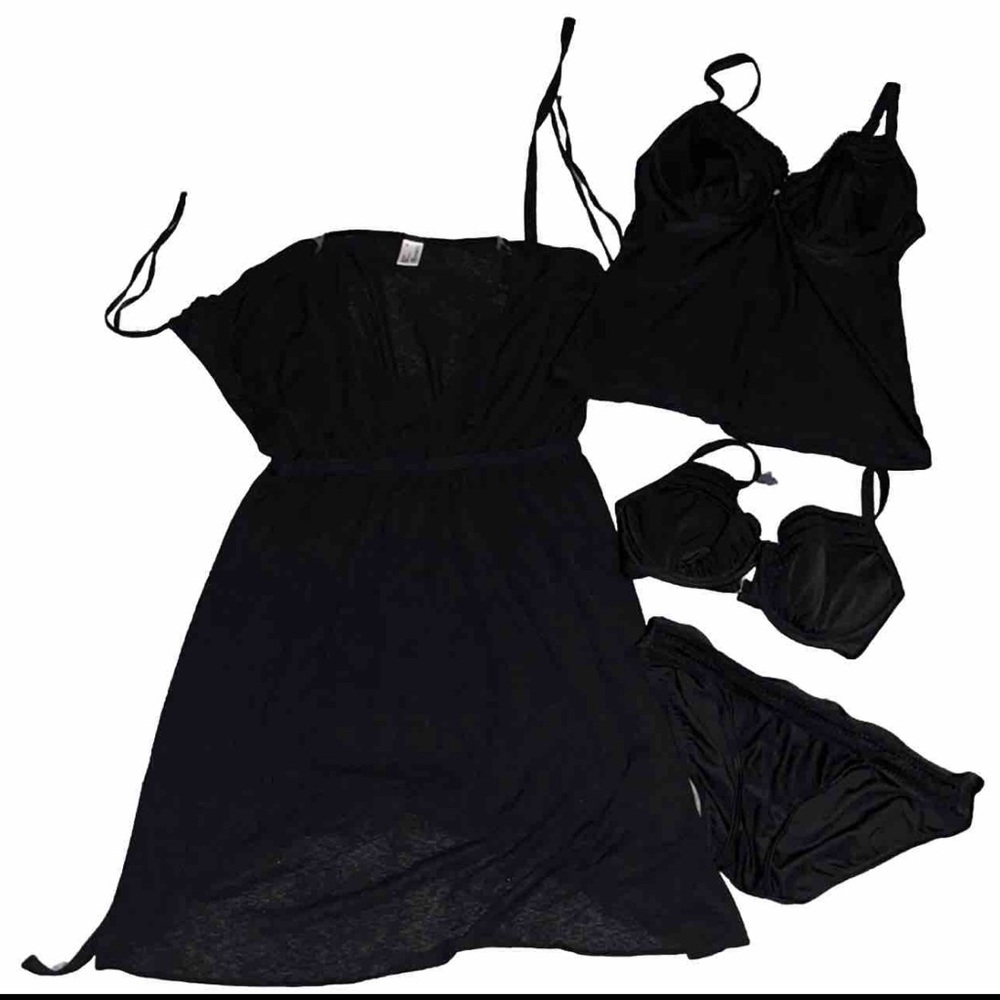 Black 4 piece swim bundle matching size 8 Medium Tankini, coverup and bikini top